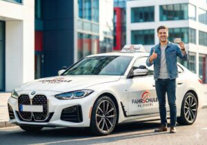Ein Fahrschüler vor einem Auto der mit Freude seinen neuen Führerschein in die Luft hält