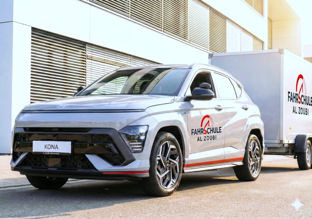 Ein silbernes Auto mit Anhänger wo das Logo der Fahrschule drauf ist